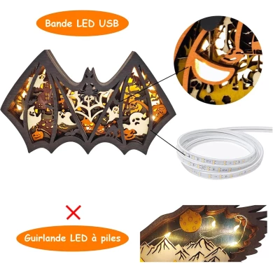 Sculpture chauve souris d'halloween en bois - USB